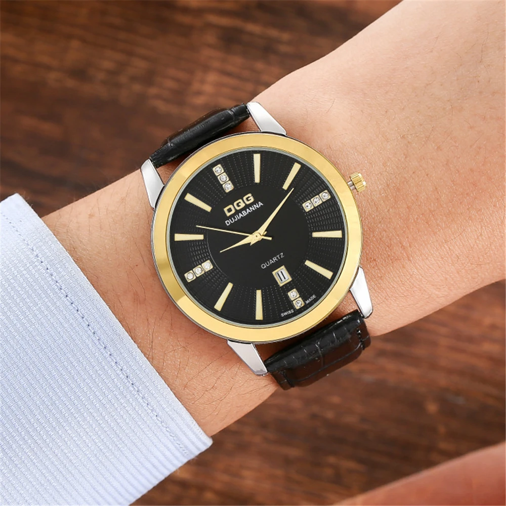 Men Luxury DQG Brand Watches Fashion Gold Case Calendar Quartz Watch Vintage Black Leather Dress Gift Clock Male Wristwatches