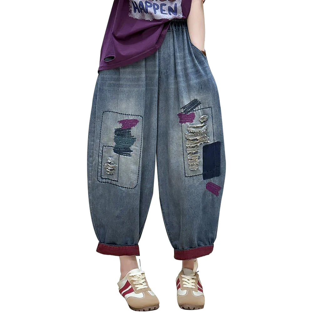 

Aricaca High Quality Women Retro Patch Embroidered Printed Loose Jeans Oversized Washed High Waist Ripped Jeans