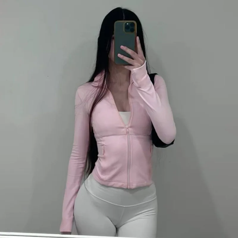 แขนยาวซิป Slim Hooded Sweatshirts ผู้หญิงเสื้อสปอร์ตวิ่งออกกําลังกายโยคะแจ็คเก็ต Casual Streetwear Hoodies Coat