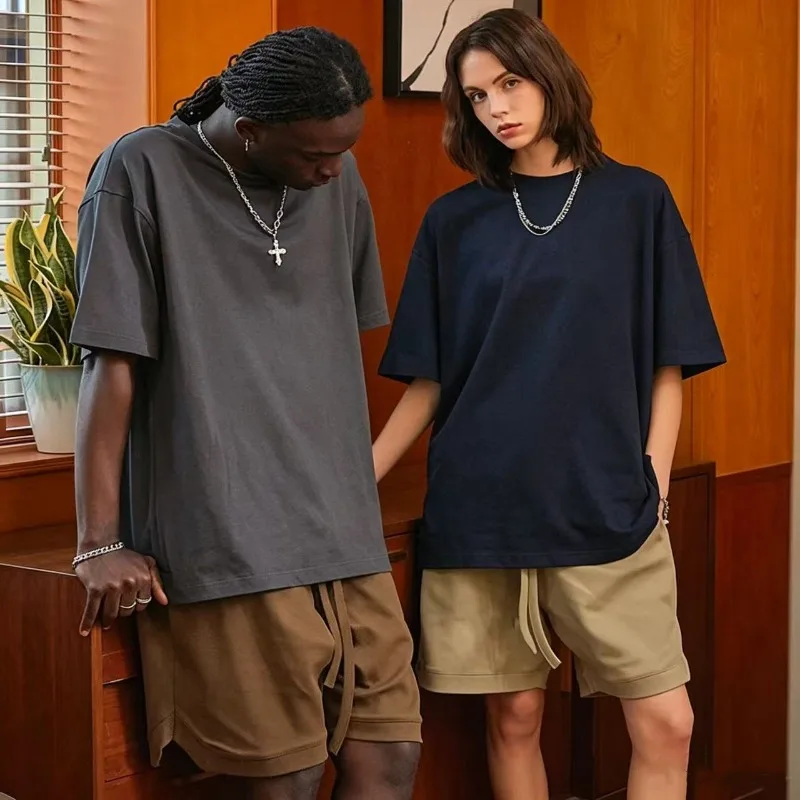 Classic Brand Design Unisex Oversized Short Sleeve Solid Color Men T-Shirt Drop Shoulder Basic Tee Couple Streetwear Casual Tops