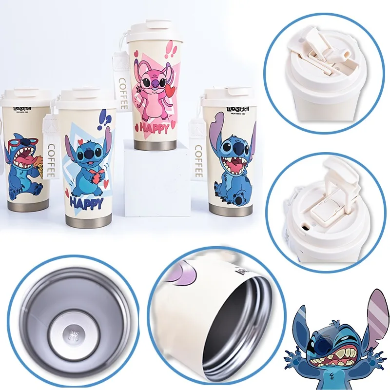 

600ml Disney Stitch Anime Bottle Cute Straw Cup Thermos Pots 316Stainless Steel Rope Portable Coffee Cup Cartoon Water Flask