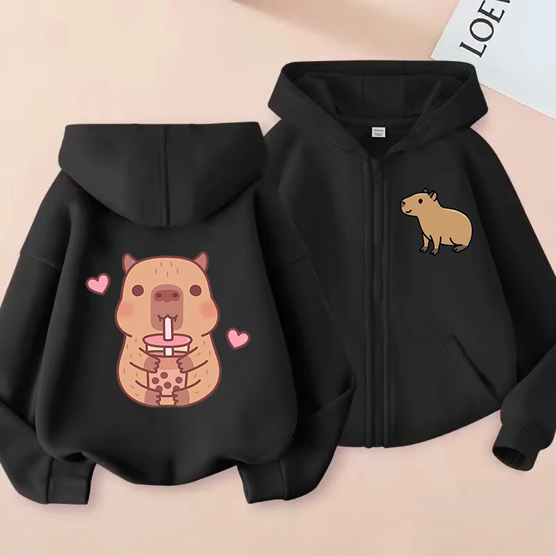Lustiger Kinder-Capybara-Kapuzenpullover mit Reißverschluss, Kinder-Kapibara-Sweatshirt, Manga-Kleidung, Kinder-Oberteil für Mädchen und Jungen – Detail 2
