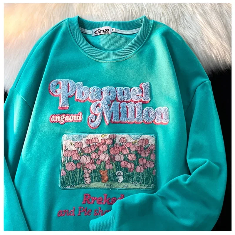 Harajuku Retro Top Print Sweatshirt Women Loose Streetwear Sweatshirts Korean Oversize Pullovers Embroidered Letter Hoodie Y2k