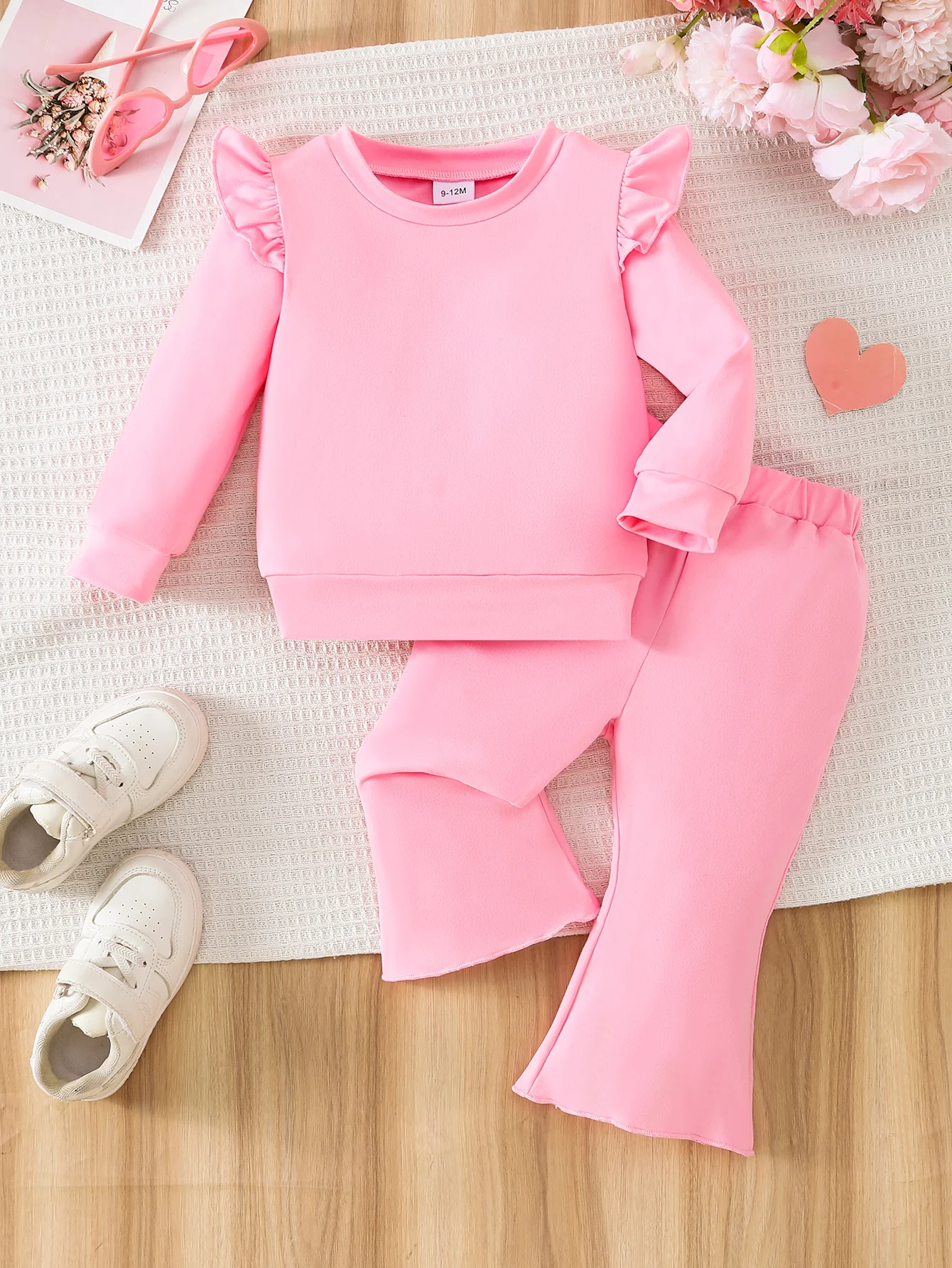 Toddler Girl Pink Ruffle Sleeve Sweatshirt Flare Pants Set 6M-3Y Kids Long Sleeve Top Bell Bottom Trousers Casual Outfit