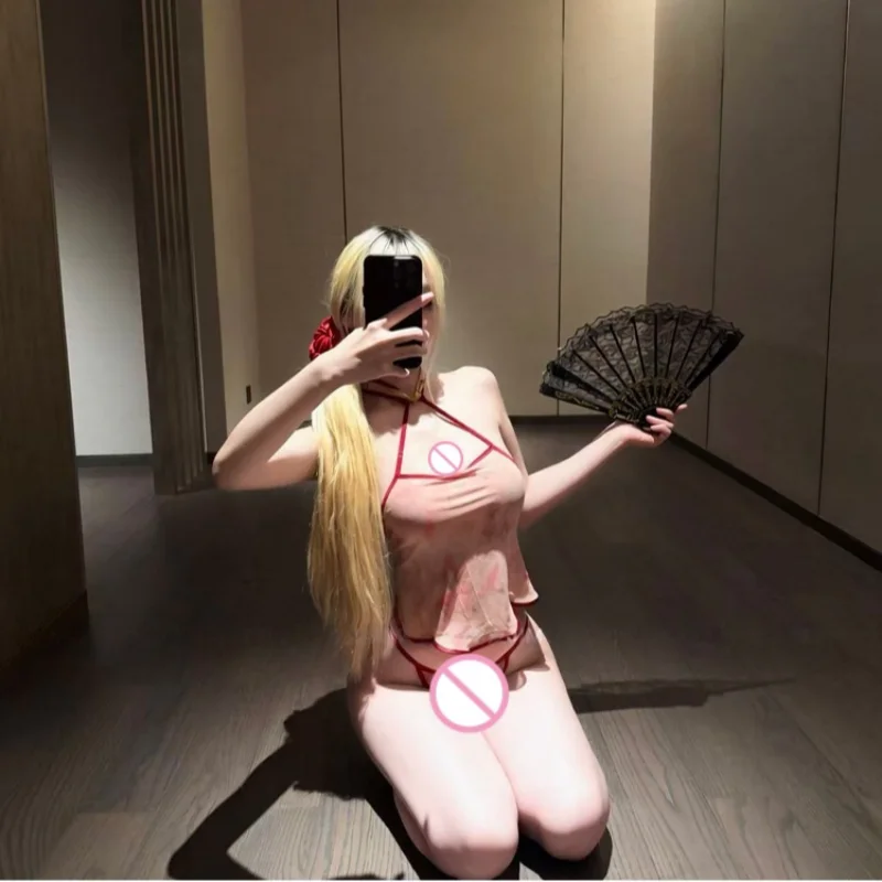 Two-piece Set Sexy Chinese Style Backless Strap Hanging Neck Fun Lingerie Pearl Non Removable Underwear Tempting Stand Up Collar view 5