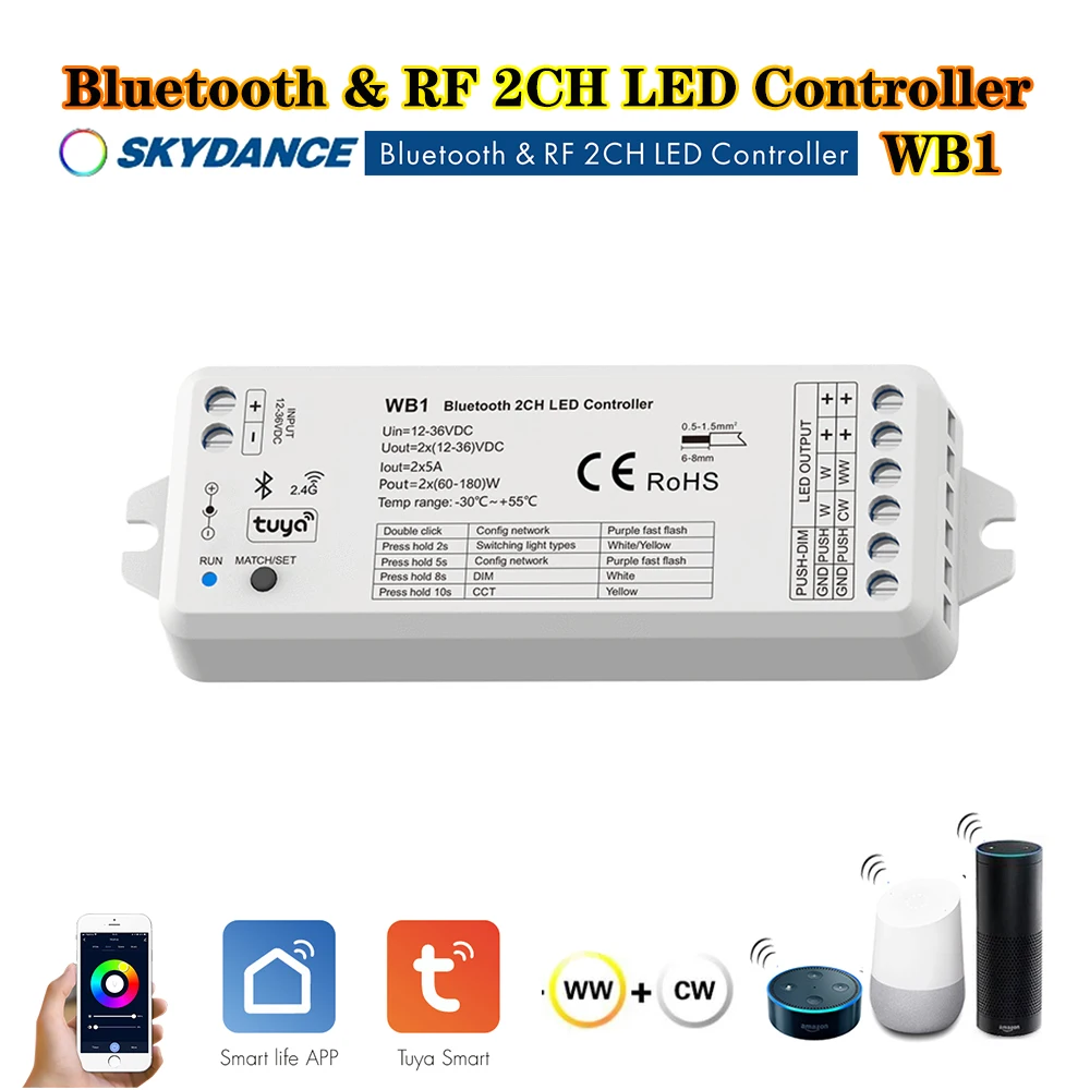 Skydance WB1 Dc12-36V Smart  Bluetooth+Push Switch+ RF 2CH Tuya Dim Controller For Single Color or Color Temperature LED strip