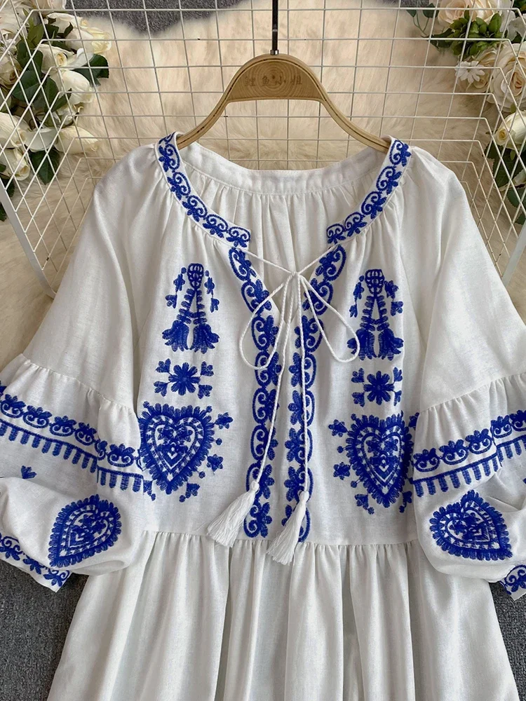 Women's Spring Summer Dress Bohemian Retro Ethnic Style Diamond Cotton Linen Blend Embroidered Lantern Sleeves Mini Dress A20