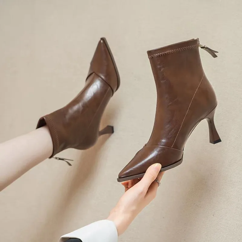 

French Pointed Toe High Heel Booties Women 2025 New Versatile Temperament Stiletto Skinny Boots Back Zip Chelsea Boots