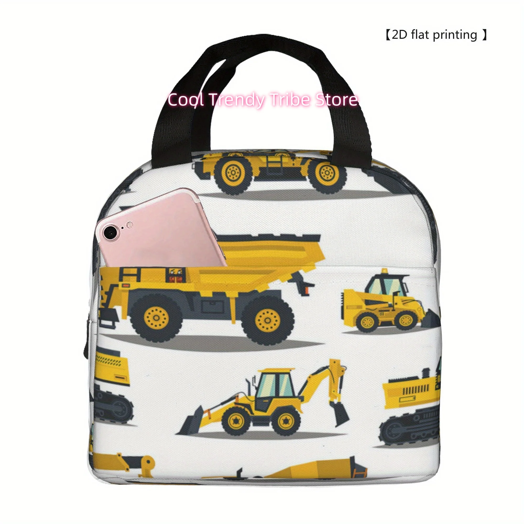 1pc Construction Vehicle Print Insulated Cooler Bag - Portable Reusable Lunch Tote with Top Handles, Durable Polyester for Campi