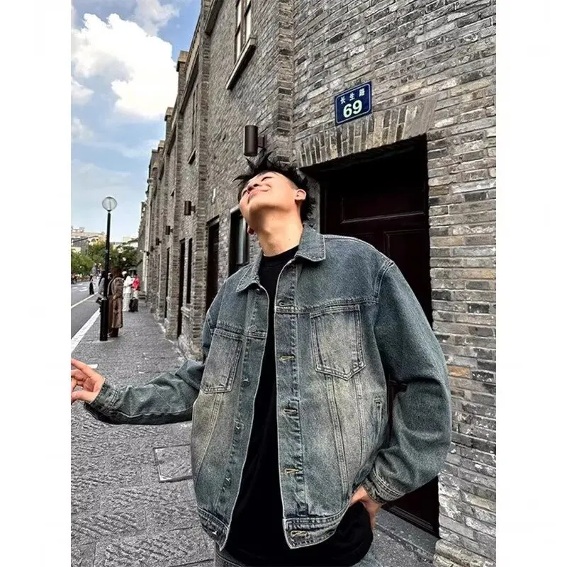 

Men's Vintage Workwear Denim Jacket, Washed and Distressed Oversized Fit for Edgy Style