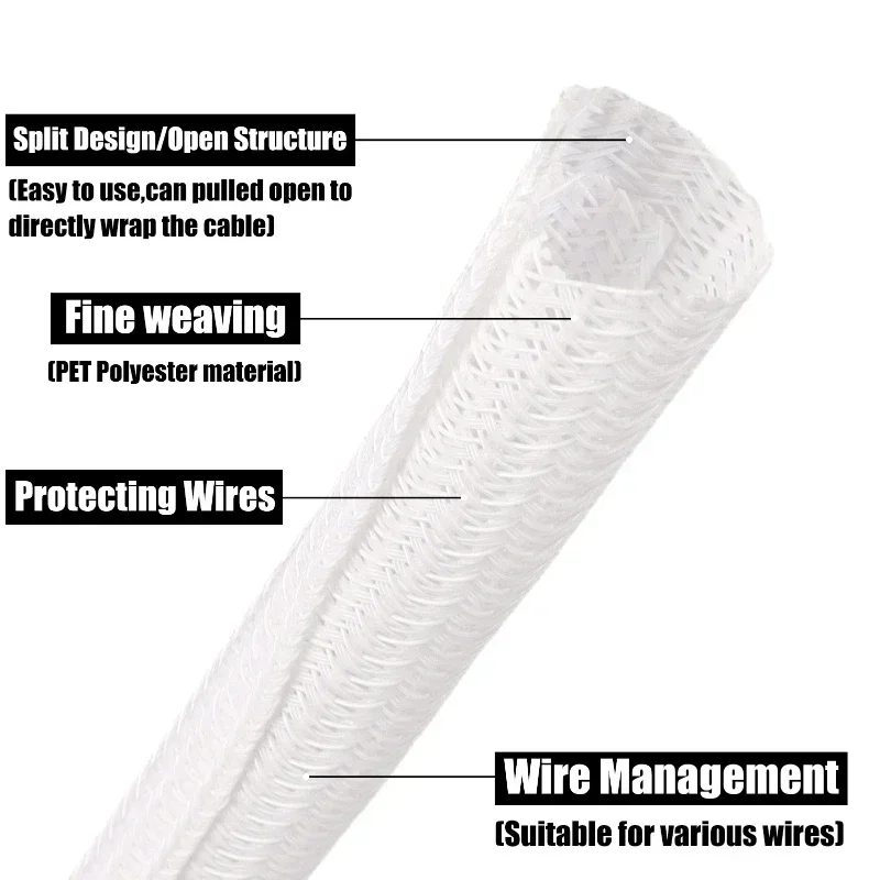 White Self-Closed Cable Sleeve 3 5 8 10 13 16 19 25 mm PET Braided Insulation USB Wire Power Cord High Protection Split Sleeving