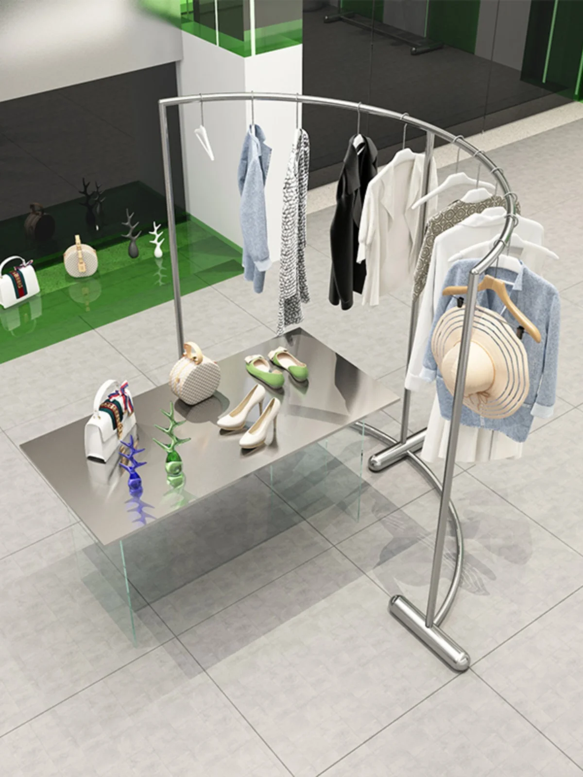 &Curved Stainless Steel Wire Drawing Silver Floor-to-Floor Multi-Height Island Rack Clothing Store Display Shelf
