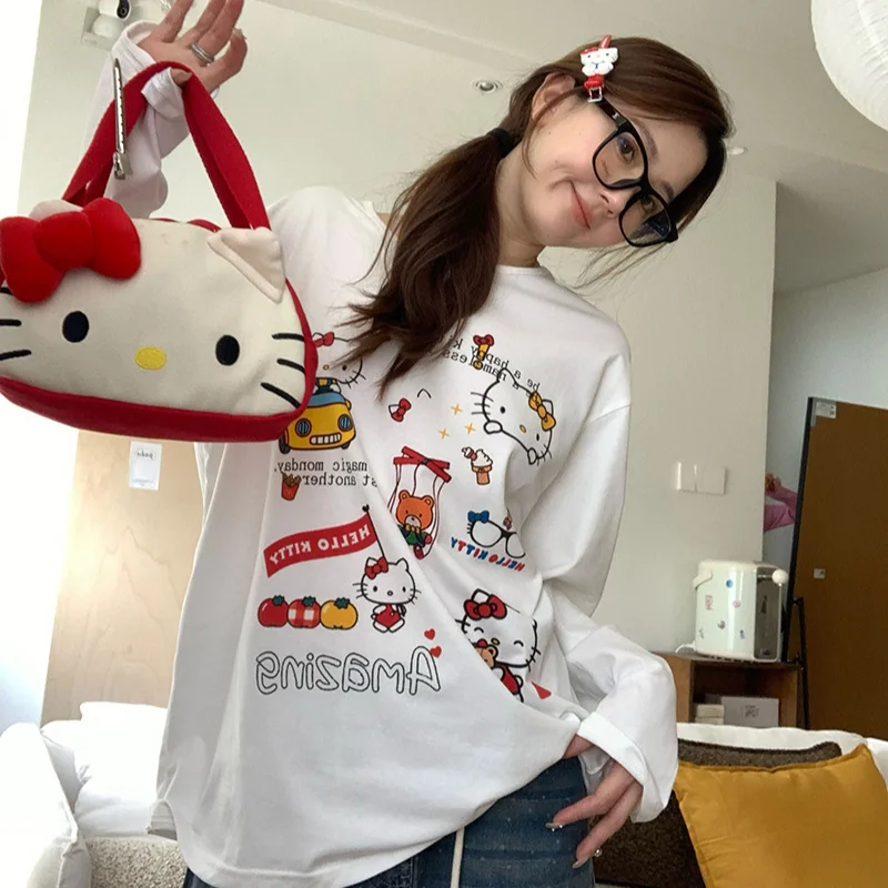 Cartoon Sanrio T-shirt autumn round neck long sleeve trousers women\'s pajamas Hello Kitty top loungewear loose print pajamas