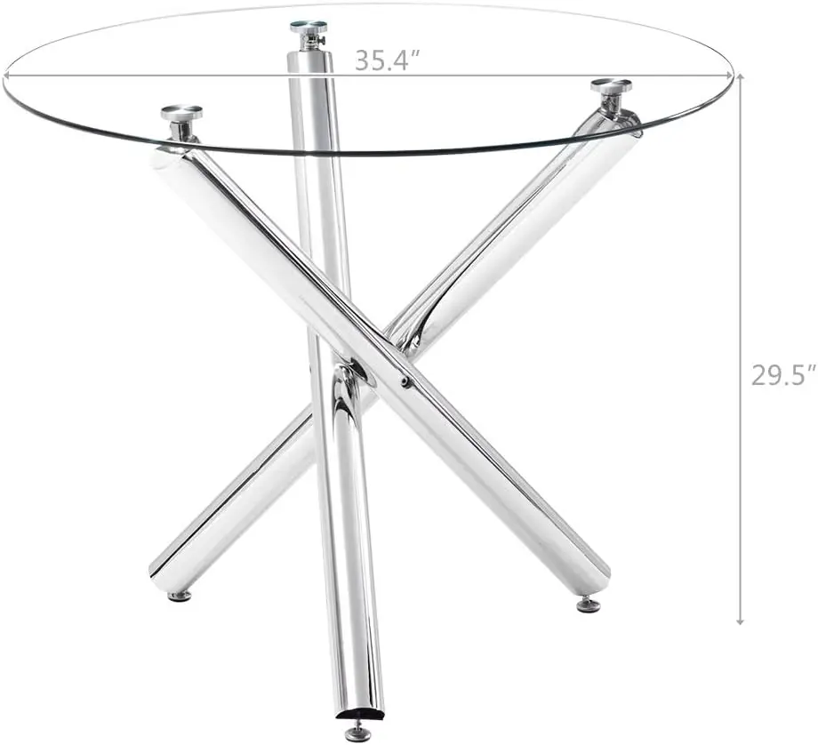 36"" Modern Silver Glass Dining Room Table Set For 4, 5-Piece Round Kitchen Dining Table Set With Cross Metal Legs And 4 Grey