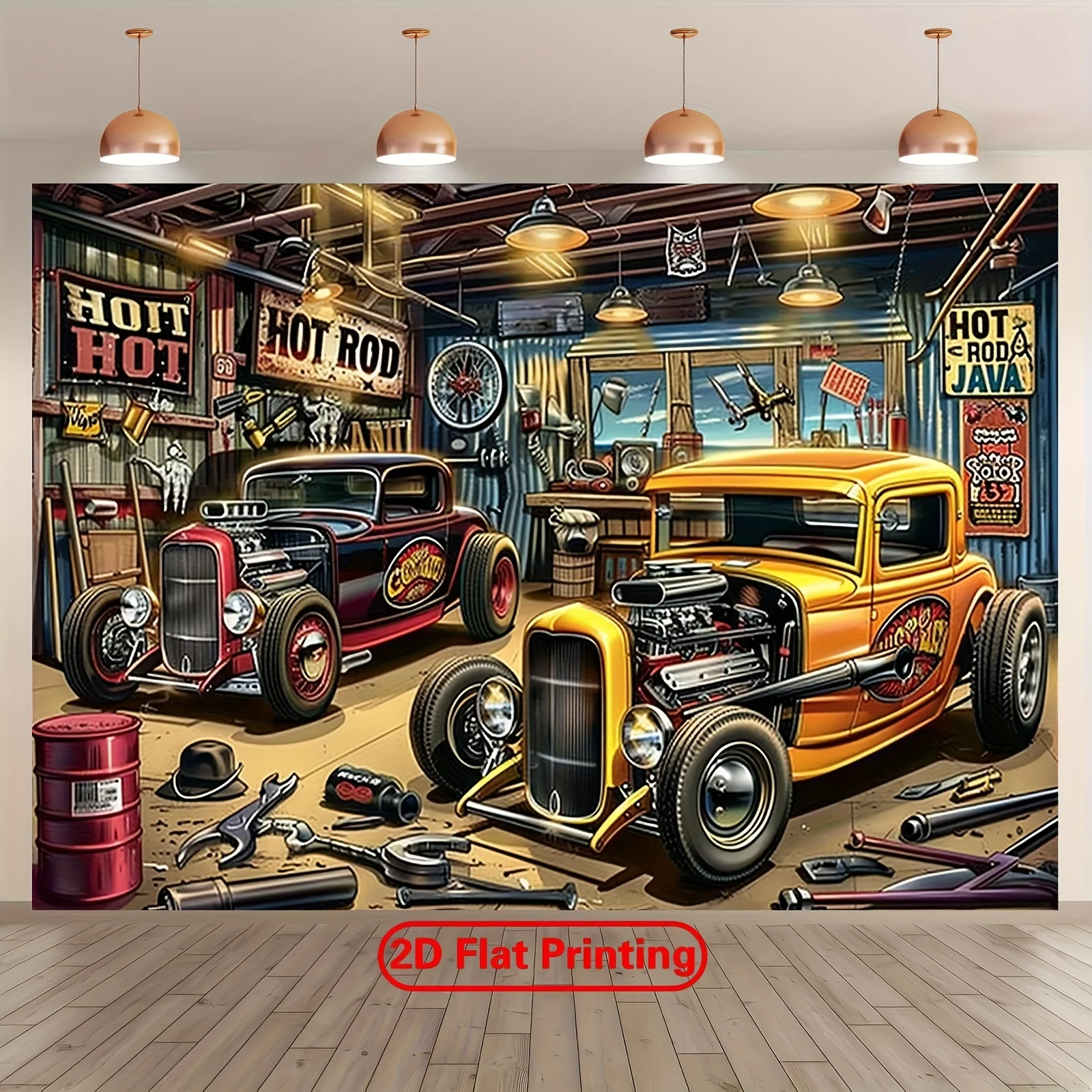 1 vintage hot car garage party banner - durable polyester background, featuring classic cars, tools and the "Hot Car" logo