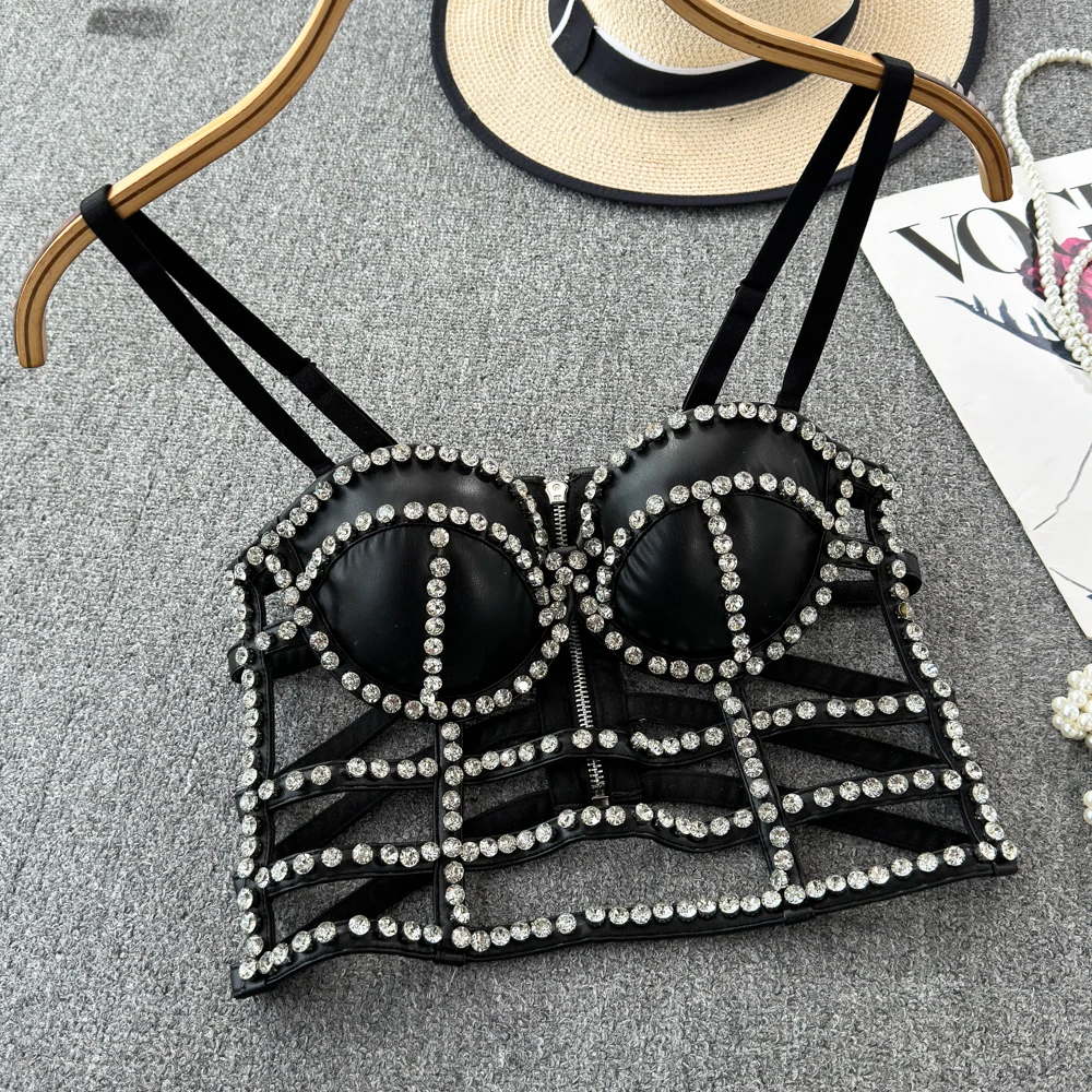 Imagem -04 - Couro Bustier Feminino Espartilho Sexy Bustier Monocromático Festa Clubwear Colete de Diamantes Streetwear para o Verão Y2k 2023 pu