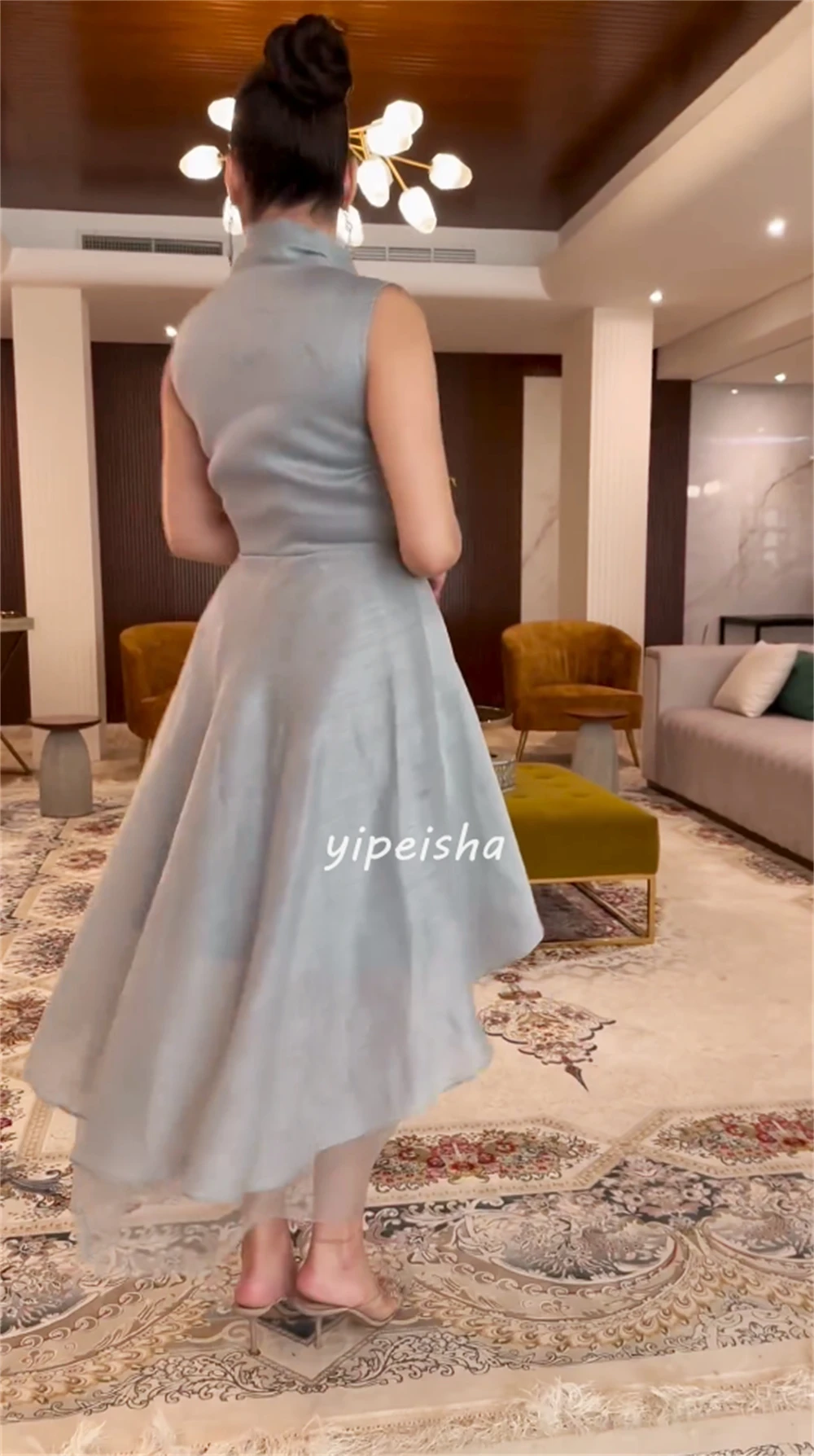 Simple Chinese Style Button Pleat Ruched A-line V-neck Midi Dresses Celebrity Dresses Sizes Available High Quality Matching