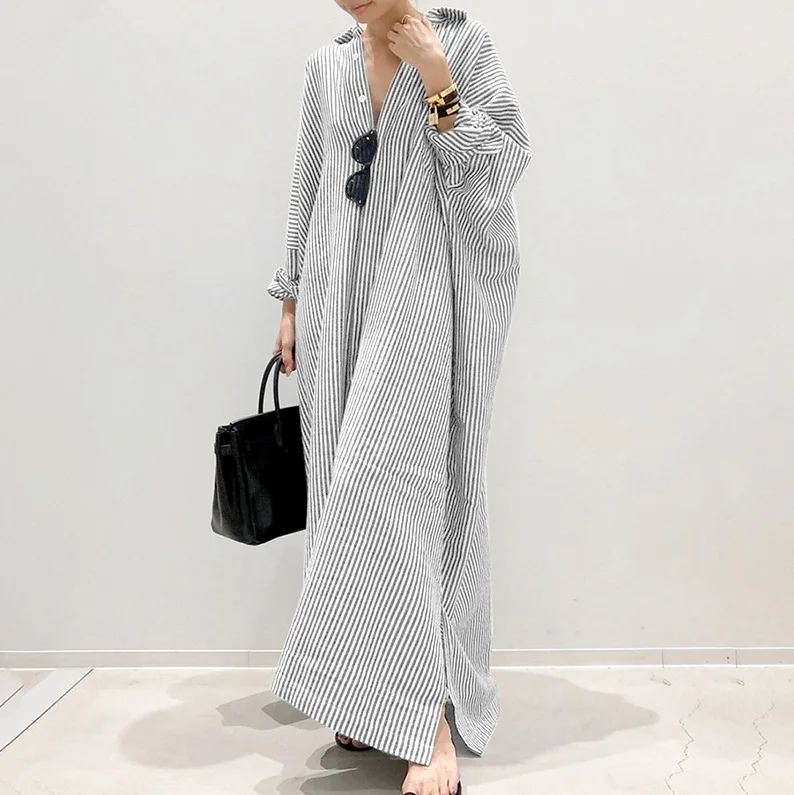 Plus Size Women's Long Skirt Striped Straight Skirt Dress Loose Coat Three-Quarter Sleeve Dress Casual Women's Dresses