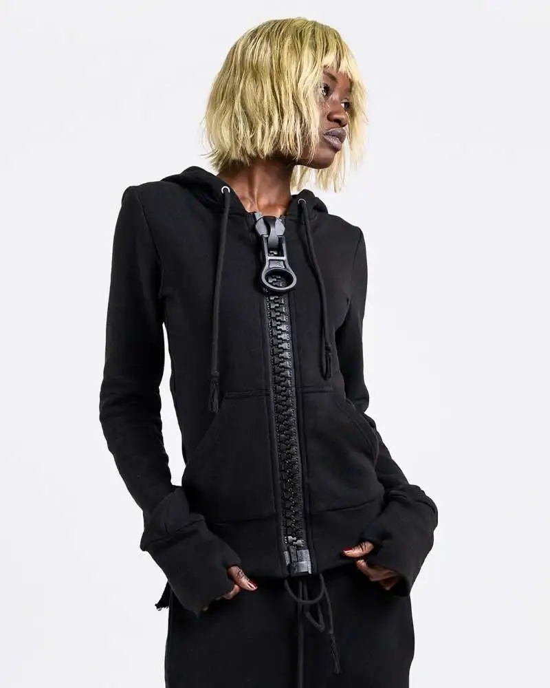 New Y2K American-Style Women's Solid Color Large Zipper Loose Cropped Color-Block Hoodie Fashionable Street Harajuku Style