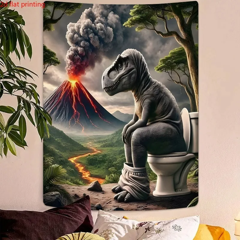 Lustiger T-Rex-Dinosaurier auf Toiletten-Wandteppich, Vulkanszene im prähistorischen Stil, bedruckter Polyester-Wandbehang, humorvolle Dekoration für Badezimmer und Schlafzimmer