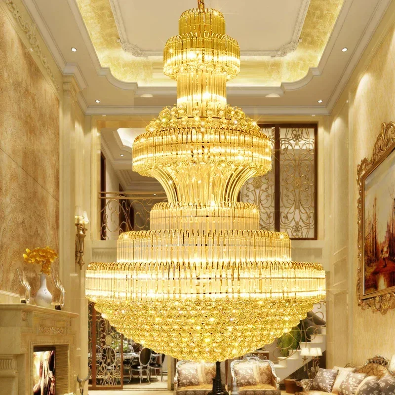 

Modern Large Chandelier Villa Staircase Living Room Lustre Crystal Pendant Light Luxury Hall Long Ceiling Chandelier Home Decor