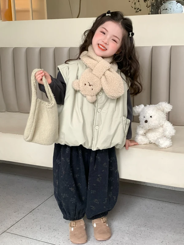 

Thiened Fce комплект жилетов для девочек, детская зимняя одежда, футболки, повседневные теплые детские модные корейские футболки с цветочным узором