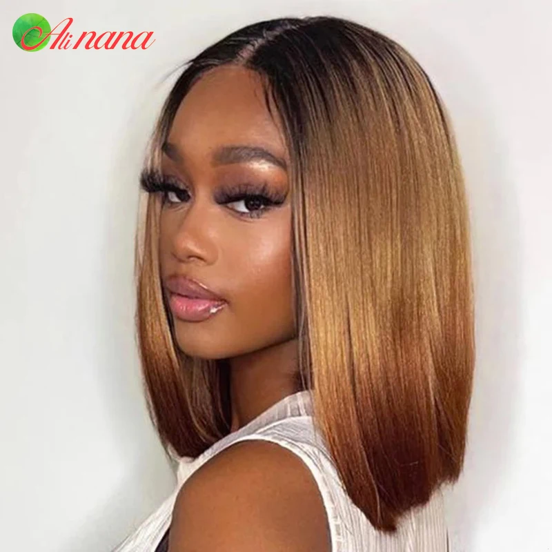 Perruque Bob Lace Wig Naturelle Lisse, Cheveux Courts, Blond Miel, Brun Ombré, 13x4, avec Baby Hair, pour Femme Africaine