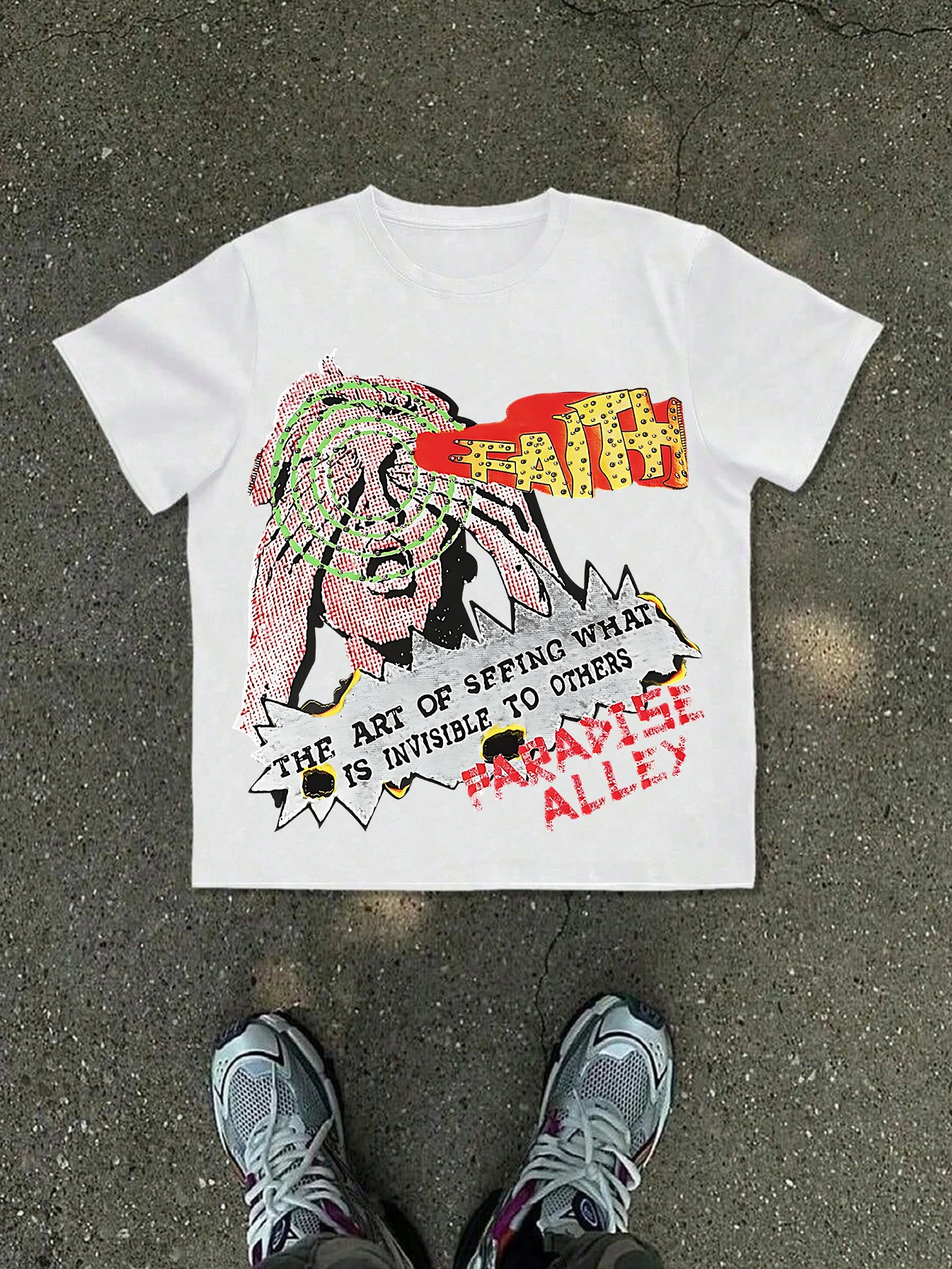 New Men's T-Shirt: White base with cartoon-style character print and green aiming ring detail casual wear  oversized t shirt
