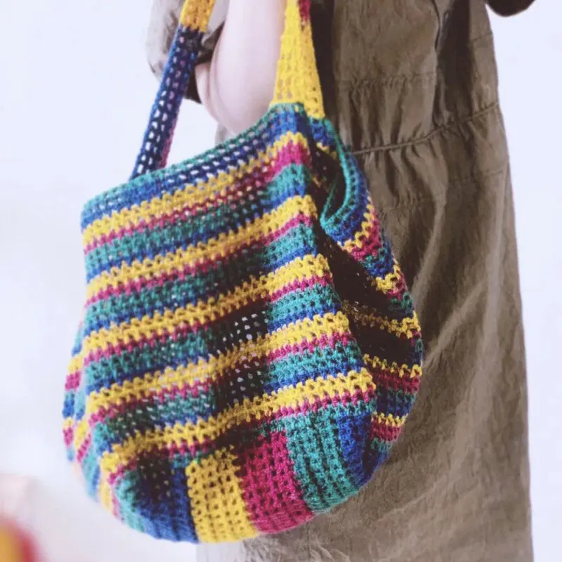 Borsa per il tempo libero colorata all\'uncinetto fatta a mano per borsa a tracolla da donna, borsa da spiaggia di grande capacità, borsa per la