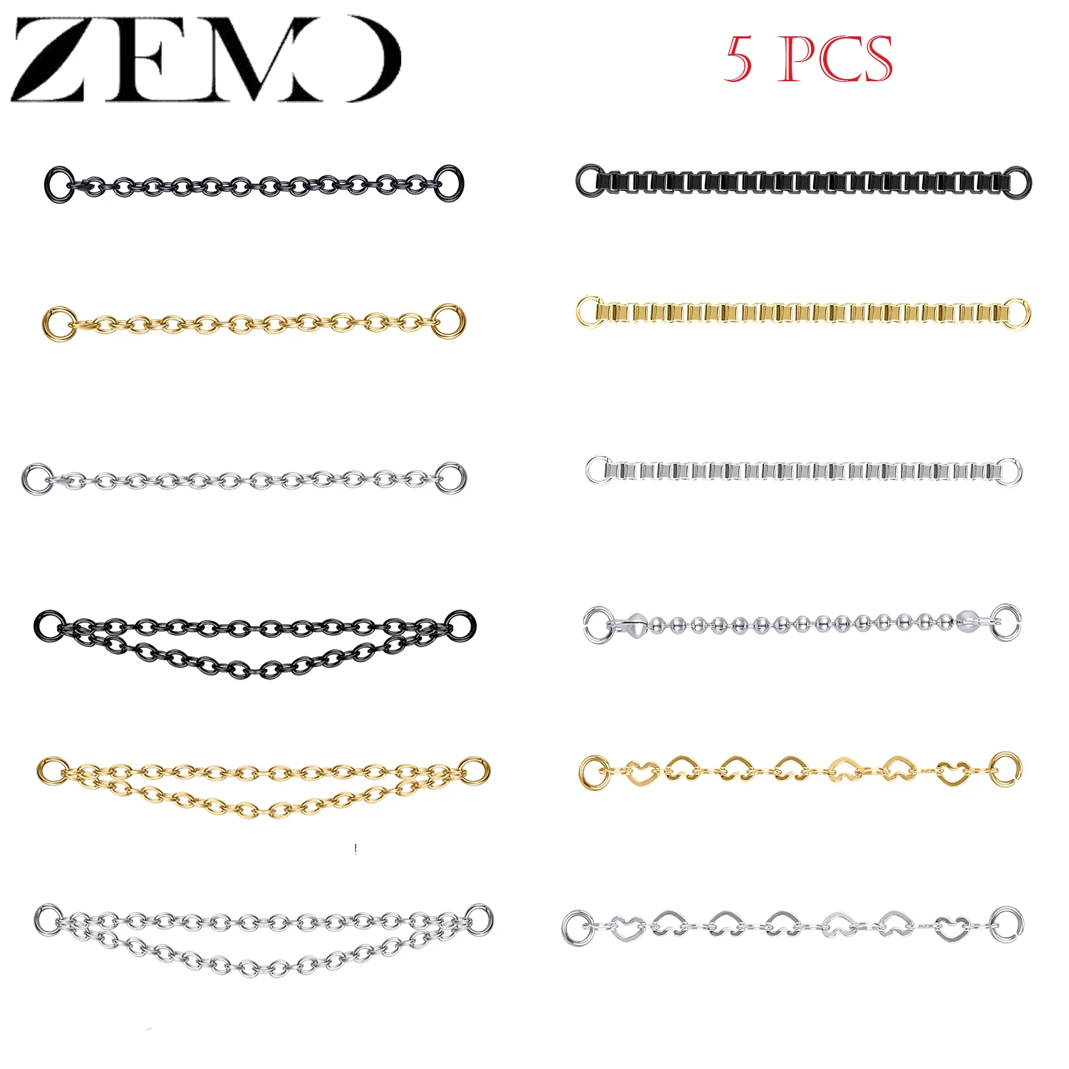 ZEMO 5 Stück Edelstahl Nasenketten Quaste Nasenbrücken-Piercings Herz Ohr Helix Ketten Accessoires Schmuck 32/35/40/45/50MM