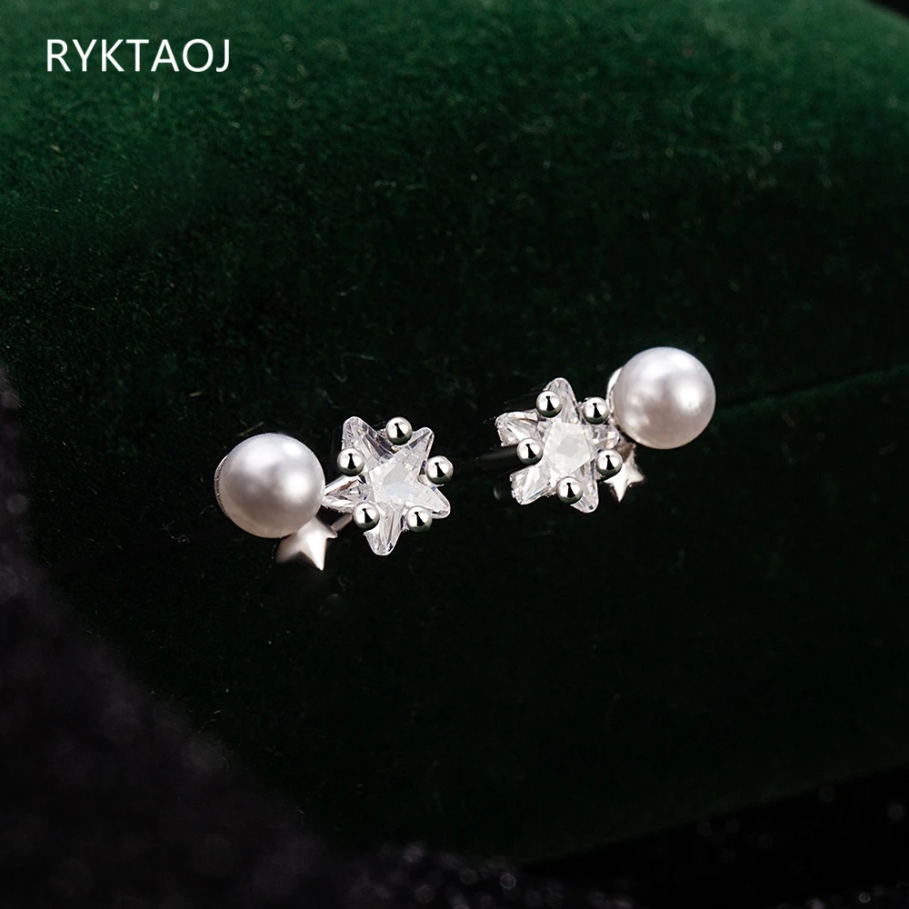 925 Sterling Silver Snowflake Cubic Zirconia Imitation Pearl Front Back Stud Earrings for Women Star CZ Earring Jewelry Gift