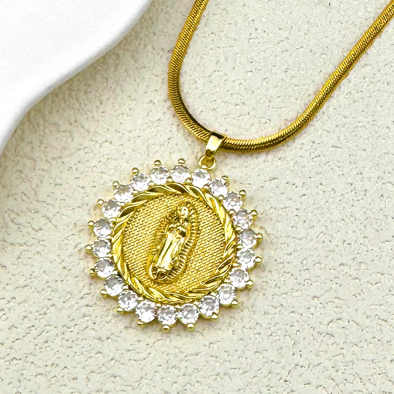 

Virgin Mary Religious Zircon Copper Pendant Necklace For Women Men Stainless Steel Gold Color Female Charm Snake Chain Jewelry