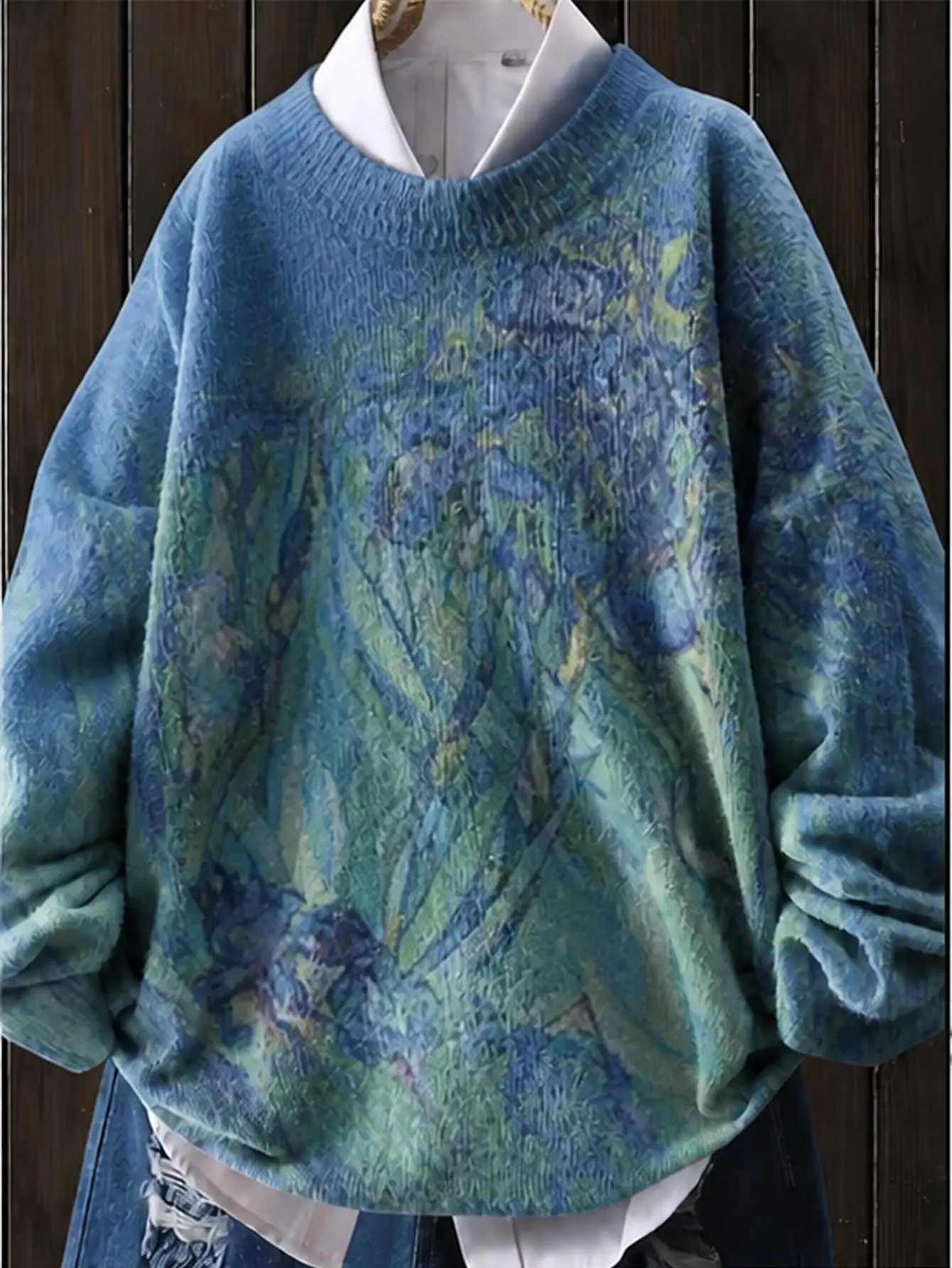 Plus Size Women Van Gogh Iris All‑Over Print Sweater, Oversized Retro Artistic Cozy Long‑Sleeve Pullover for Fall