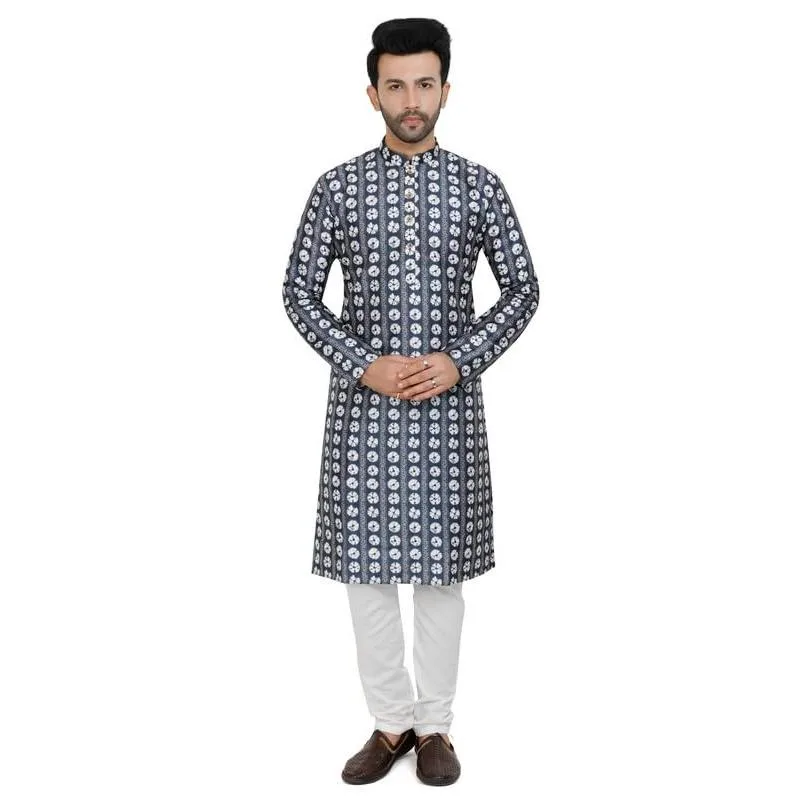 Jubah Abaya Islami Kasual Mewah Gaya Nasional Motif Etnik Kerah Tegak Kemeja Panjang Sedang untuk Pria Muslim Kurta