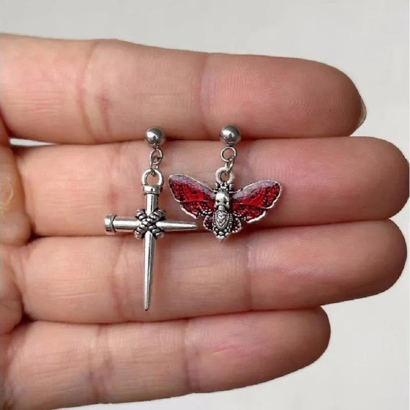 Blood Skull Moth Earrings, Gothic jewelry, nail crosses, Retro, Asymmetrical, Pagan, Witch accessories, Alternative, For Women