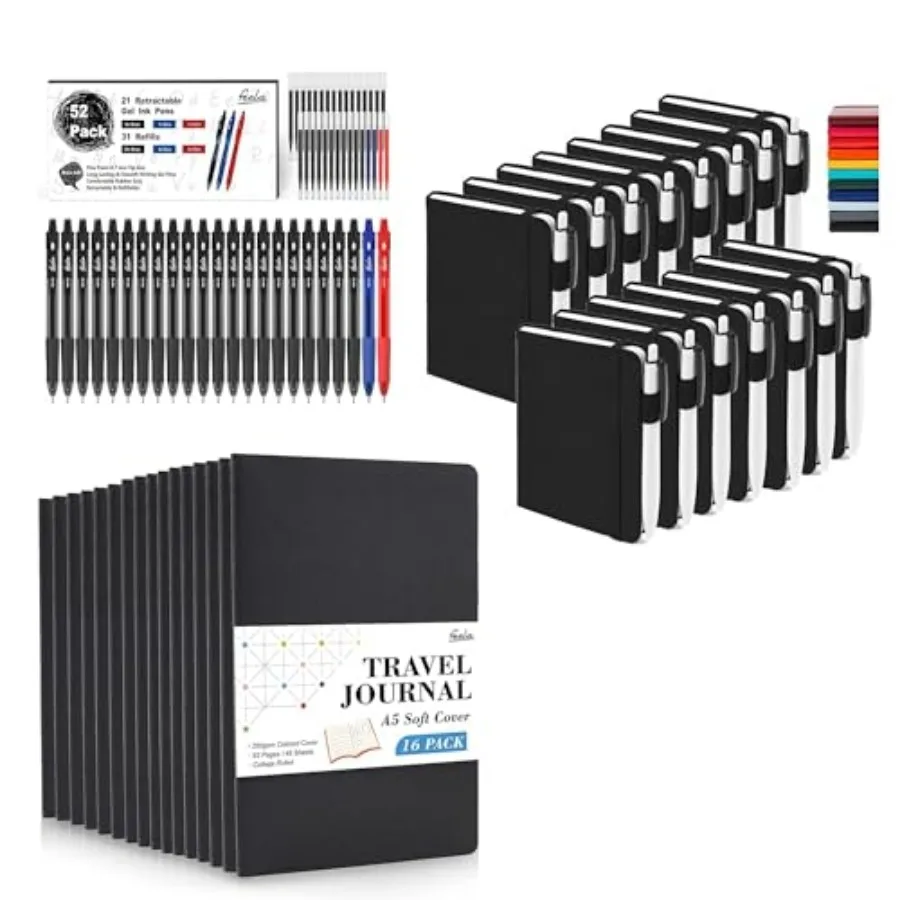 

Набор из 15 блокнотов формата А6 в твердом переплете, 16 блокнотов в мягкой обложке, 52 выдвижных гелевых ручек с черными чернилами