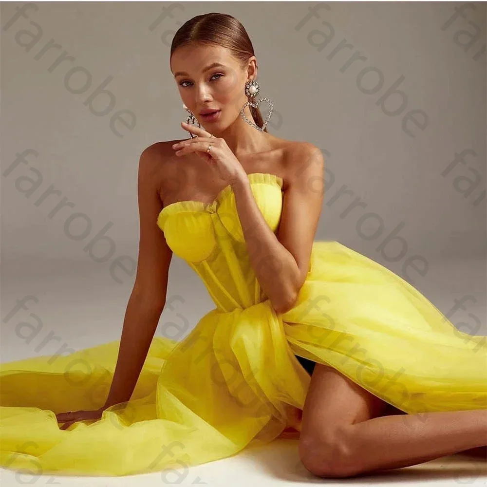 Vestidos de fiesta de tul amarillo personalizados a la moda con abertura frontal, tirantes finos de verano, vestido de noche largo hasta el suelo de corte A para mujer