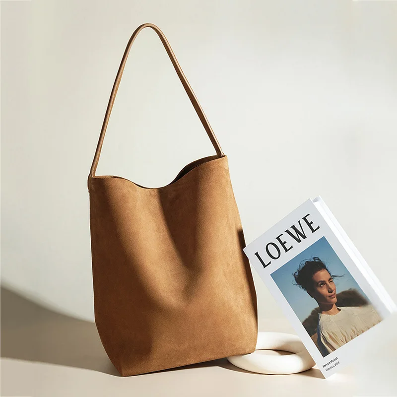 2024 Autumn New Women Suede Bag Lady Large Capacity Bucket Tote Female Underarm Shoulder Bag Commuter Soft Split Leather Handbag