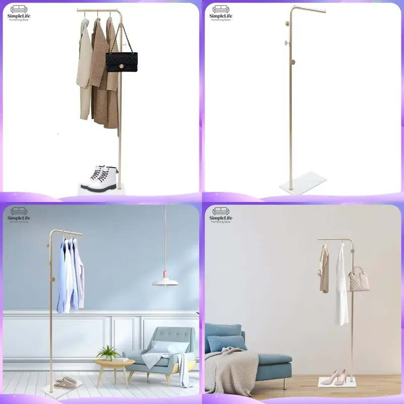 Modern Gold Metal Coat Rack Floor Standing Clothes Hanger with Shoe Shelf Simple Bedroom Entryway Hall Tree Organizer