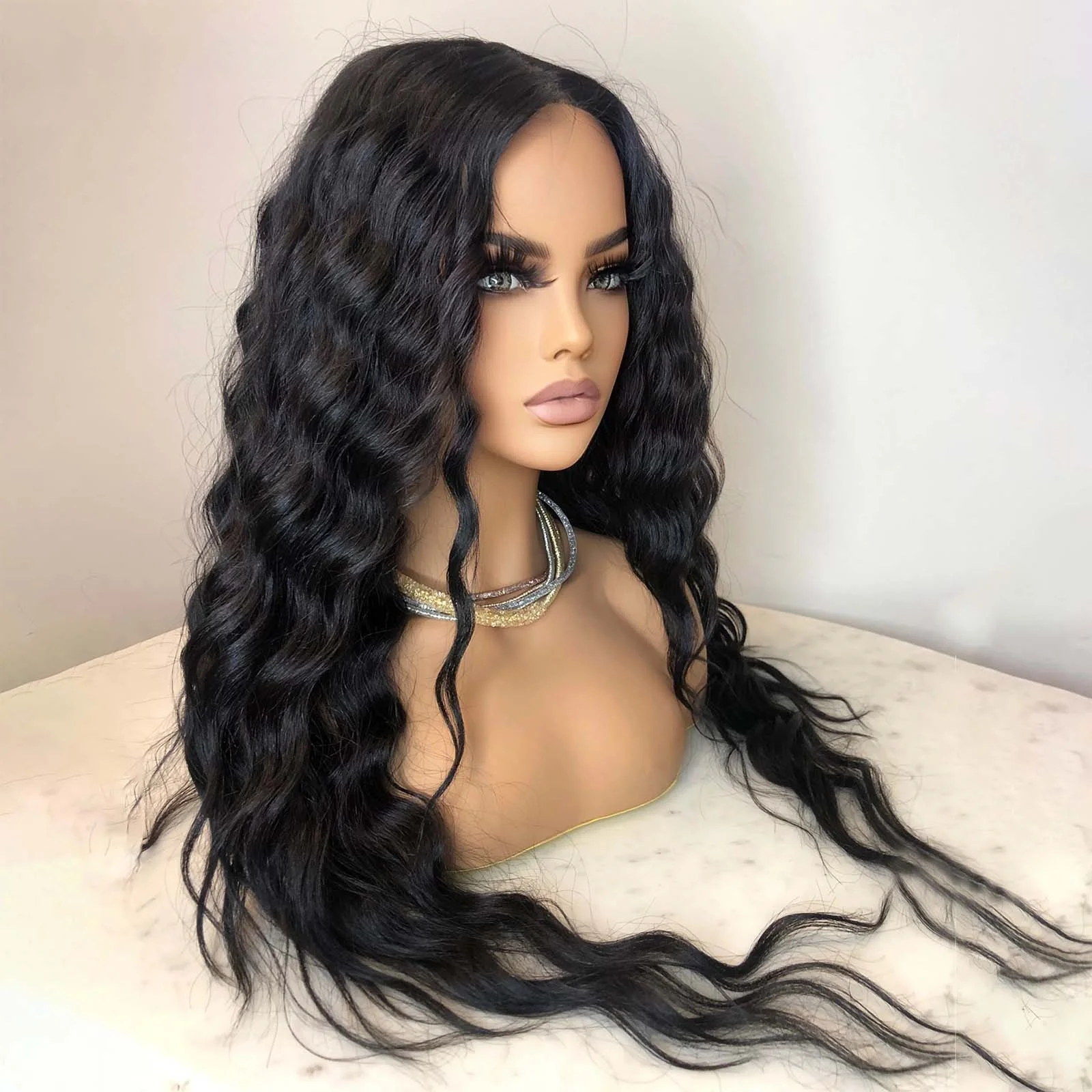 Long Curly Hair Wig for Women Natural Black Wavy Synthetic Wig Middle Part Pre Plucked Hairline 13X4 Lace Front Brunette Wigs
