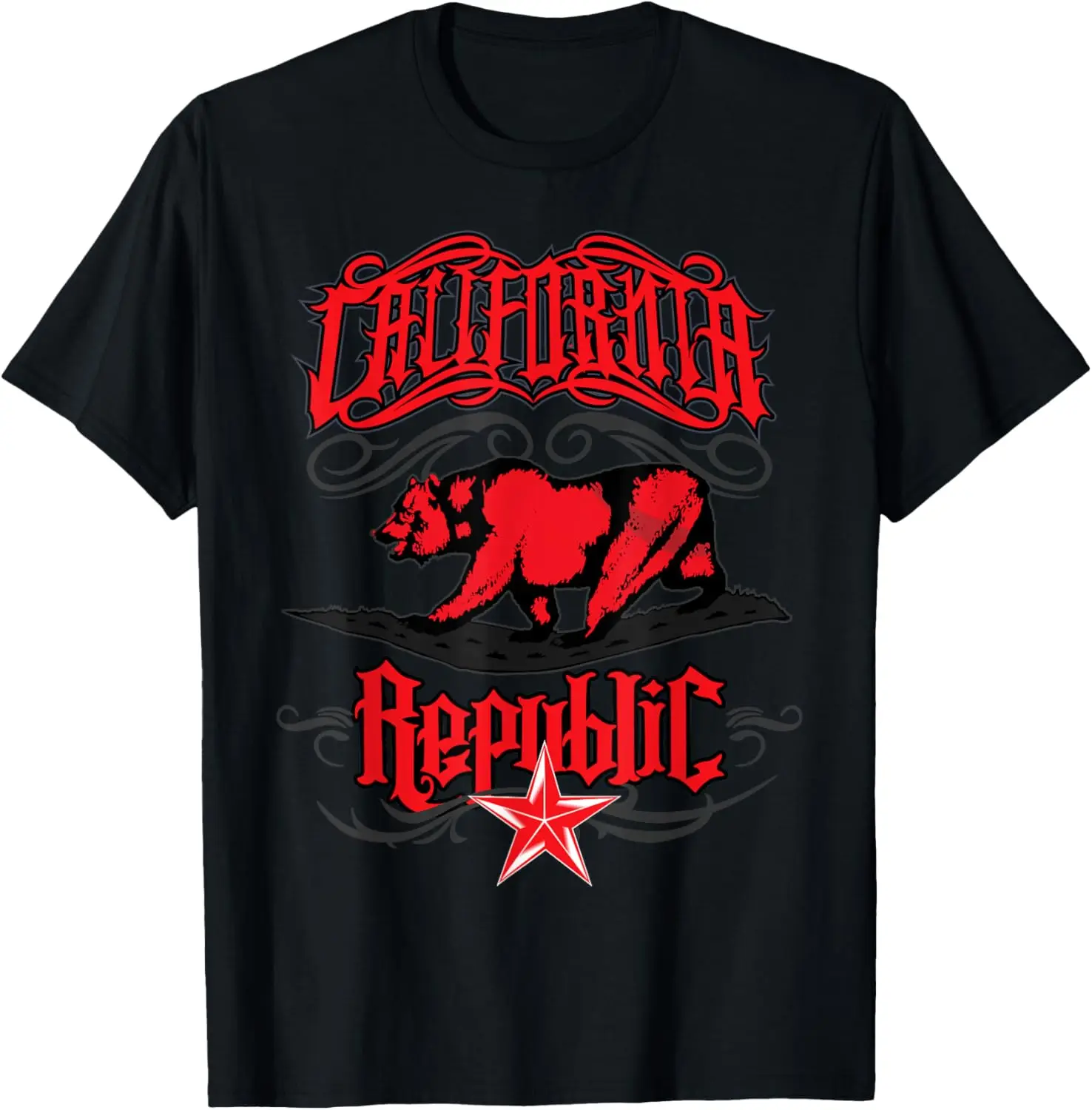 Black Red Cali Bear Star Tattoo California Republic T shirt