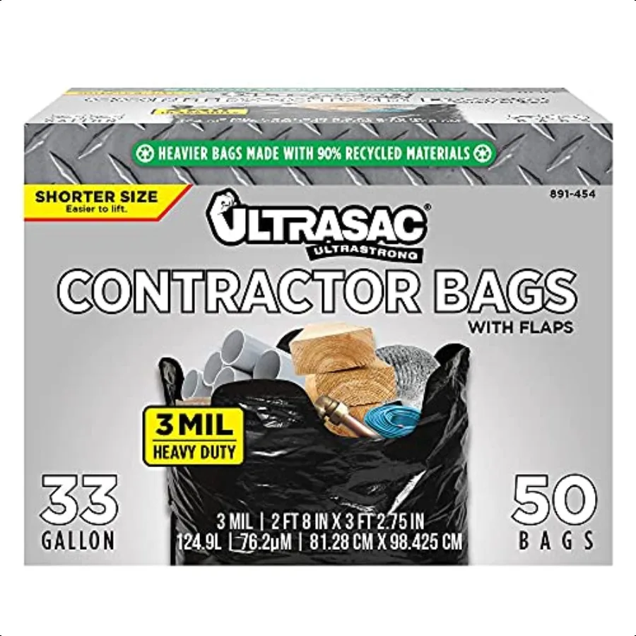 

Contractor Trash Bags 50 Pack w Ties Heavy Duty IL Thick 39 x 32 Shorter 33 Gallon Black Version for Industrial Commercial Prof