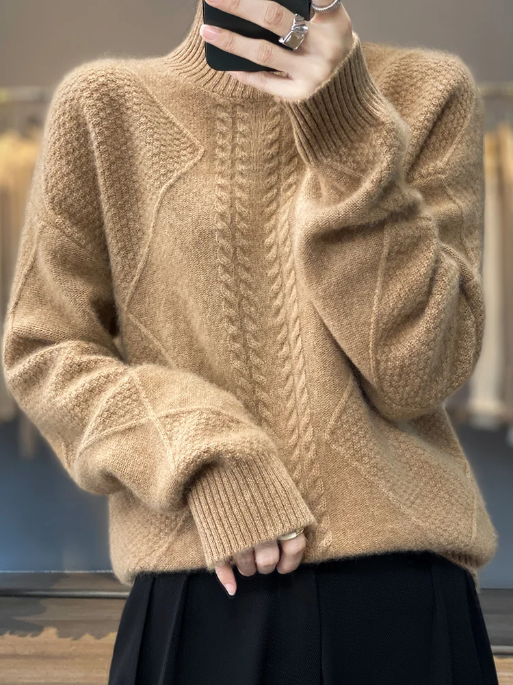 Autumn Winter 2022 New Cashmere Sweater Women\'s Half High Neck Loose Thicken Knit Pullover Slouchy Versatile 100% Woolen Sweater