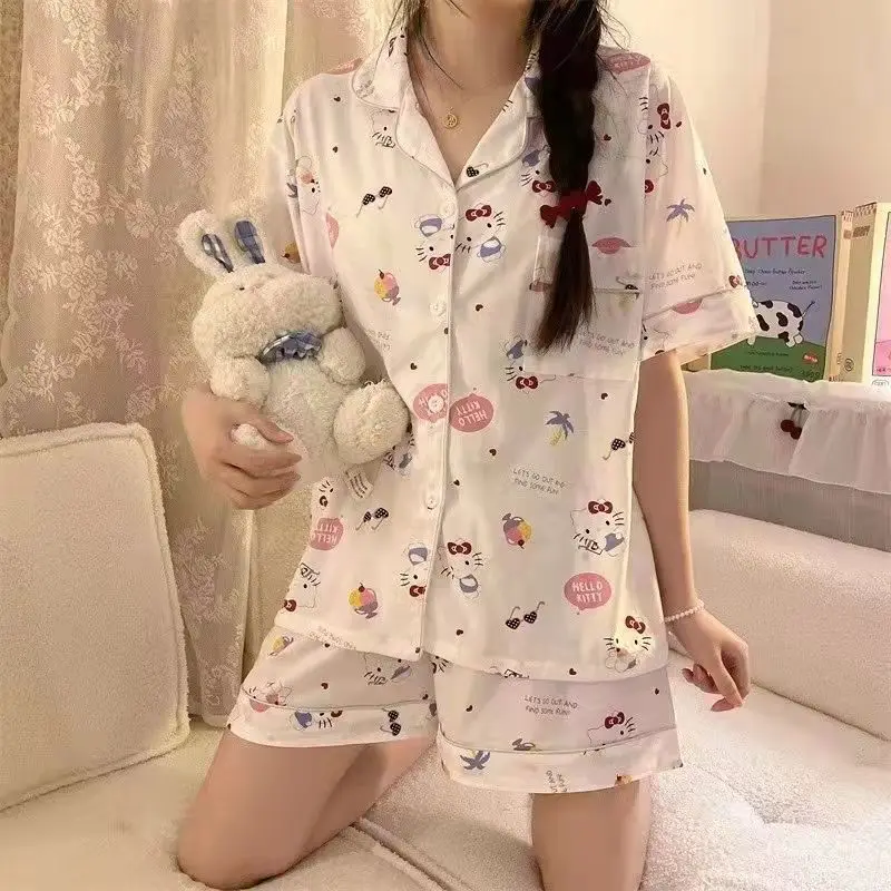 

Летние аниме-пижамы Kawaii Hello Kitty Cinnamoroll Kuromi для женщин, свободные повседневные пижамы с коротким рукавом в стиле Sanrio, домашняя одежда для девочек