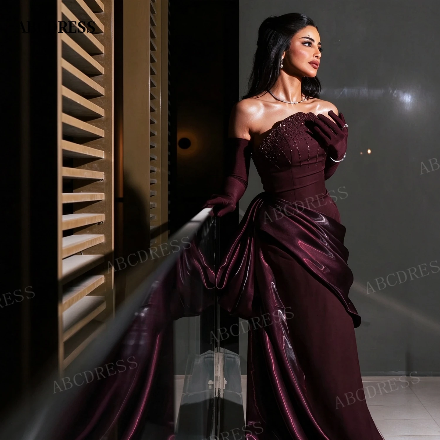 ABCDRESS Customized Burgundy Strapless Mermaid Formal Evening Gown For Women Beaded Elegant with Gloves Prom Gala Party Dress
