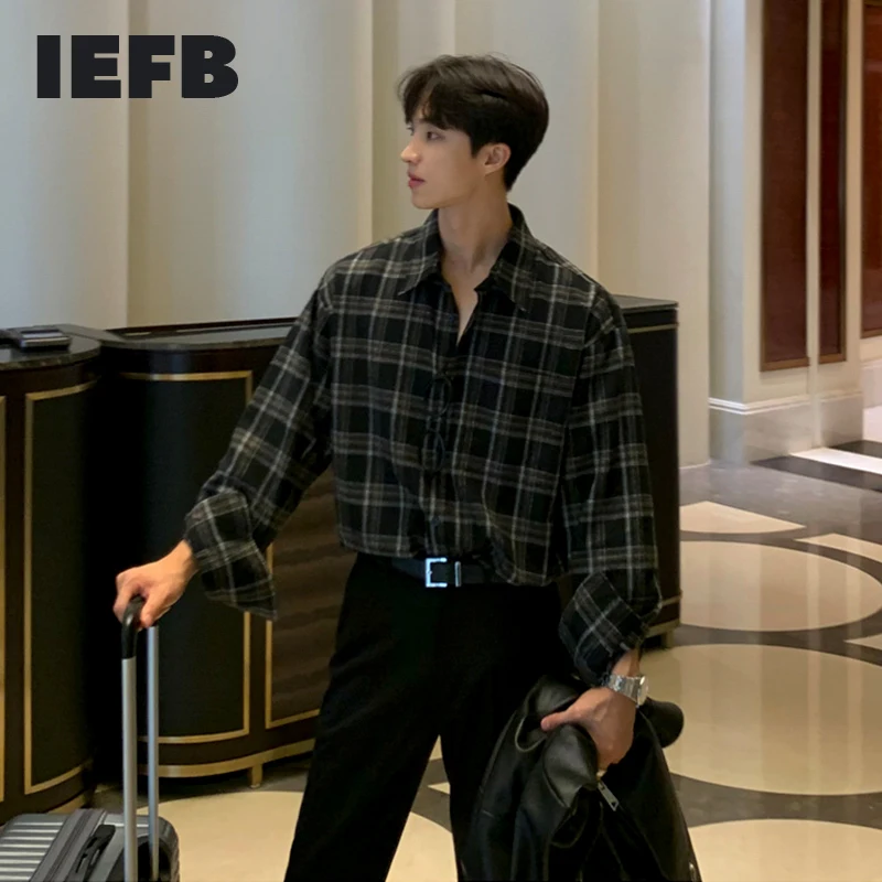 

IEFB Vintage Men's Long Sleeve Shirt Plaid Tops Korean Fashion Loose Handsome Streetwear Lapel Causal Shirts Curved Hem 9Y6595