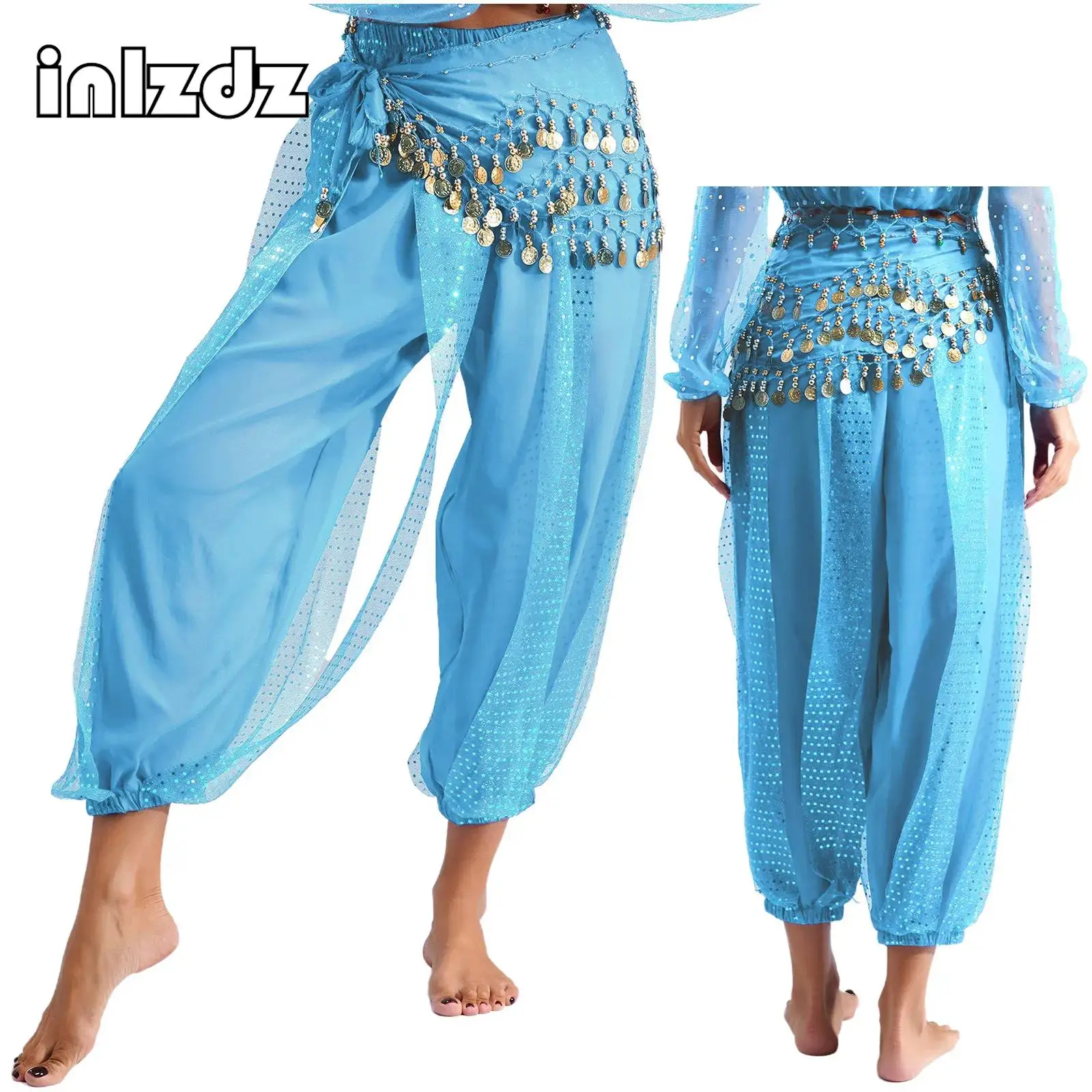 

Halloween Belly Dance Outfits Women Bellydance Pants Egyptian Lantern Pants Loose Trousers with Hip Scarf Set for Performance
