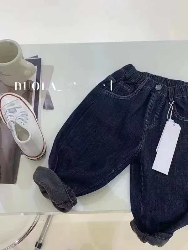 Calças de Denim Confortáveis e Acolchoadas para Crianças, Estilo Coreano, Calças Casuais para Meninos e Meninas