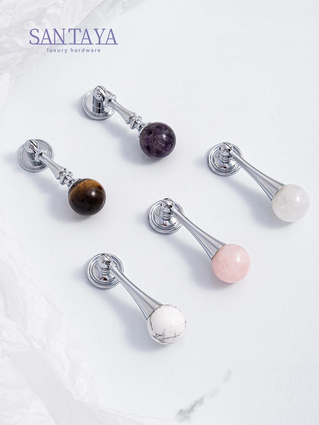 

Santaya Solid Brass Crystal Handle Kitchen Cabinet Pull Natural Stone Handle Wardrobe Dresser Drawer Knobs Colorful Pendant Pull