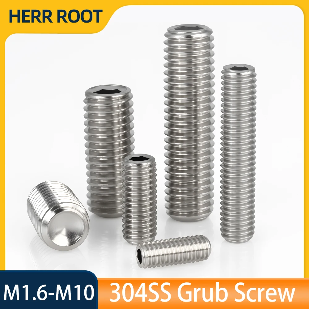 DIN916 304 Stainless Steel Hex Socket Set Screws Grub Screw Bolt M1.6 M2 M2.5 M3 M4 M5 M6 M8 M10 Headless Cup Point Set Screw